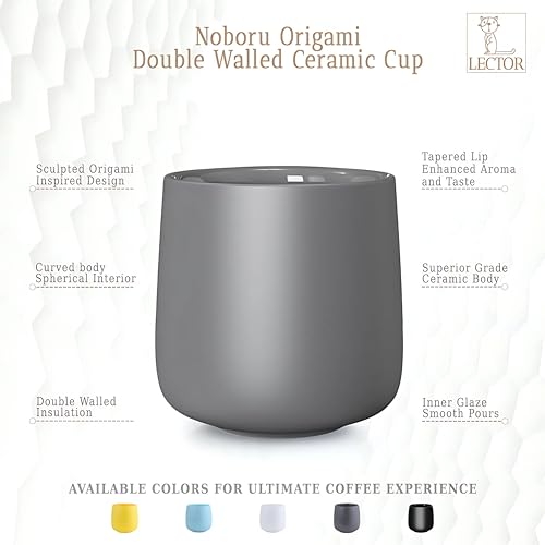 Image of LECTOR Noboru Origami Double Walled Ceramic Cup | 230ml Insulated Coffee Mug for Hot & Cold Coffee, Espresso, Tea & Drinks | 85mm Height | Stylish & Durable | Microwave Safe (Pack of 1) (Grey)