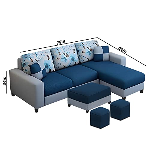 Image of Orland 4 Seater RHS L Shape Sofa with Center Table & 2 Puffy | Color - (Blue Grey Fabric)