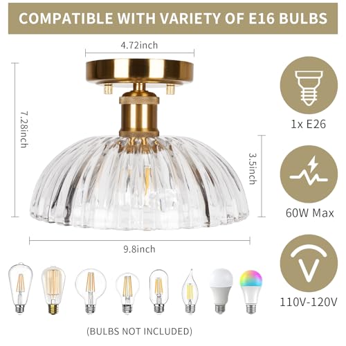 Image of JYZ Semi Flush Mount Ceiling Light, Gold Ceiling Light Fixture with Brass & Ribbed Glass Shade, Vintage Light fixtures for Hallway, Entryway, Bathroom, Kitchen, Bedroom 2-Pack