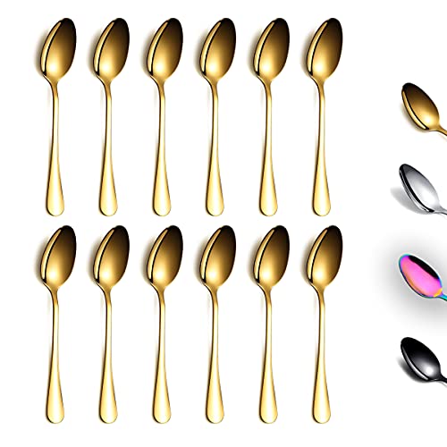 Gold Teaspoons 6.5" Set of 12, Berglander Stainless Steel Titanium Plating Shiny Golden Tea Spoons Silverware, Tea Spoon Small Dessert Spoon Teaspoon Sturdy And Easy To Clean Dishwasher Safe