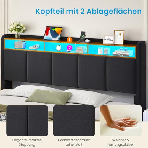 Brinlawb Polsterbett 160x200 cm Schwebebett mit LED-Beleuchtung, Kopfteil und Ladestation(2 AC-Steckdosen… – Ansicht 6