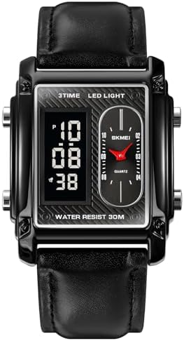 FANMIS Men's Rectangle Dial Sports Wrist Watches with 7 Colors Optional LED Backlight Multifunctional Alarm Stopwatch 12/24H Rubber Strap Watch