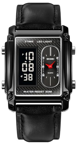 FANMIS Men's Rectangle Dial Sports Wrist Watches with 7 Colors Optional LED Backlight Multifunctional Alarm Stopwatch 12/24H Rubber Strap Watch