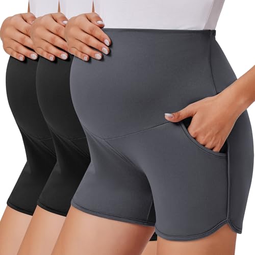 Ekouaer 3 Pack Maternity Shorts Over The Belly with Pockets Summer Workout Pregnancy Shorts Stretchy Lounge Pajama Black/Black/Dark Grey XXL