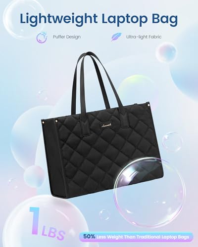 LOVEVOOK Laptop Bag for Women, Lightweight Puffer Tote Bag fits 17.3 inch Computer, Large Quilted Puffy Work Purse, Professional Business Office Briefcase Handbag, Black2