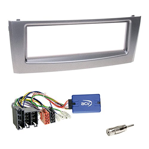 Zestaw do zabudowy: Radio samochodowe DIN ramka radiowa uchwyt srebrny + KENWOOD LFB adapter do pilota na kierownicy kierownica adapter do radia + adapter antenowy do Fiat Grande Punto od 2006-2010