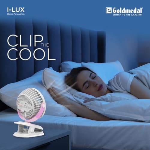 Image of Goldmedal I-Lux 100 mm Portable Desk Mounted Clip Fan| Multi-Clip Function| Type-C USB-Powered Rechargeable Battery with 6-7 Hours Backup| Bright Light | Personal Fan for Home & Office (White-Pink)