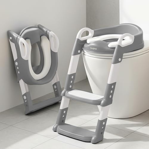 Baybee Aura Western Toilet Potty Seat for Kids, Baby Potty Training Plastic Seat Chair with Ladder, Adjustable Step Height, Cushion Seat | Potty Seat for 1-8 Years Child Boys Girls (Grey)