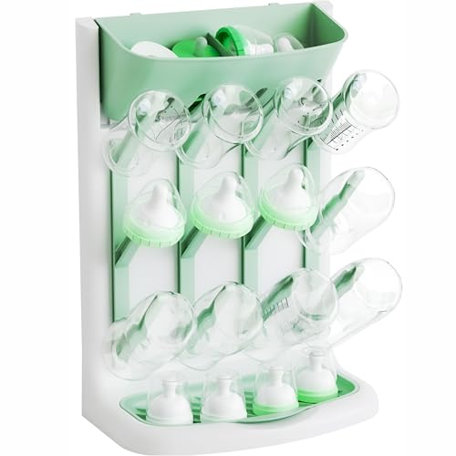 Image of Yieach Larger Vertical Space Saving Drying Rack Baby Bottle for Countertop or Wall- BPA Free - Compact Glass Baby Bottle Rack Dryer & Holder and Storage Station for Pacifiers,Pump Accessories,Green
