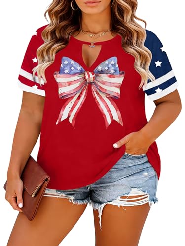 Image of Ithalt Plus Size American Flag Shirt Women Bow T Shirt 4th of July Shirts USA Patriotic V Neck Tees for Independence Day