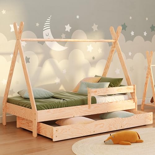 smartwood Cama Casita 70x140 - Cama Infantil con Cajón Tipi D Madera de Madera de Pino FSC con Barandilla Anti-caídas y Somier de Lamas hasta 230 kg - para Niño y Niña - Montaje Fácil