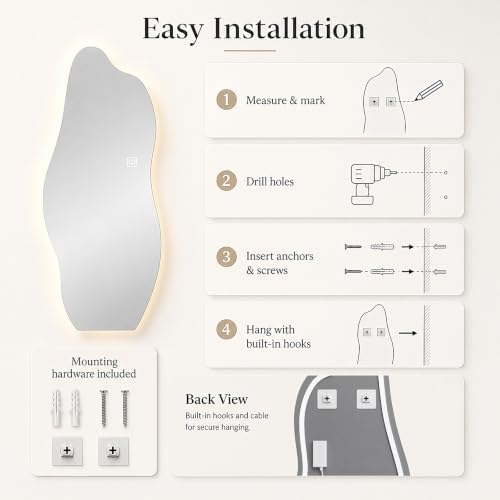 HEUFZLS Irregular Led Full Length Mirror, Frameless Wall Mounted Wavy Mirror,3 Color Lighting Modes with Dimmable Brightness for Dressing.Bedroom, Entryway, Hallway, Dressing Room and Living Room - 5