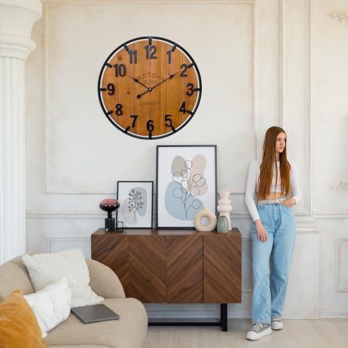 Large Farmhouse Rustic Wooden Wall Clock with Metal Frame and Large Engraved Numbers，Oversized Silent Retro Metal Wood Face Decorative Clock for Office Kitchen Bedroom Living Room (Black, 30 inch)