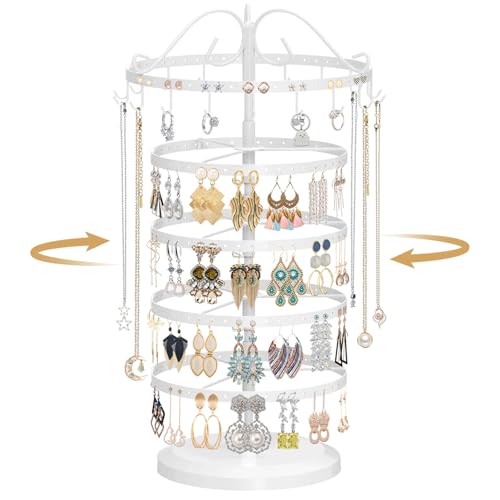 MODOWEY Rotating Jewelry Holder Organizer Stand, 5 Tier Metal Adjustable Display Tree, 228 Hole Earring Tower for Stud Dangle, 17 Hook Necklace Bracelet Storage Rack, Versatile Compact Hanger, Black