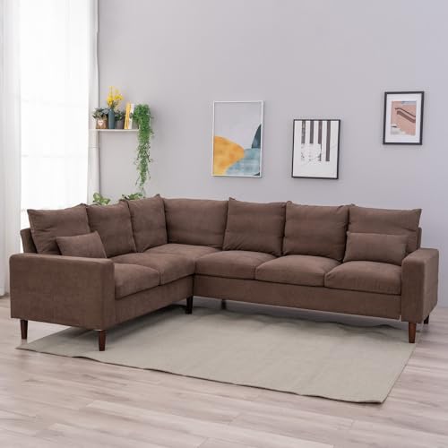 Panana 6 Seater Corner Sofa Couch Settee Fabric Sofa Living Room Sofa with Wood Legs and 2 Free Cushions, Brown - Image 4