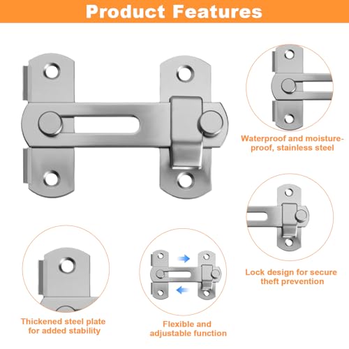 4PCS Pestillos de Puerta de Acero Inoxidable con Tornillos,Cerrojo para Puerta Corredera Seguro Puerta Exterior e Interior para Jardín, Ventanas, Garaje y Habitaciones - imagen 3
