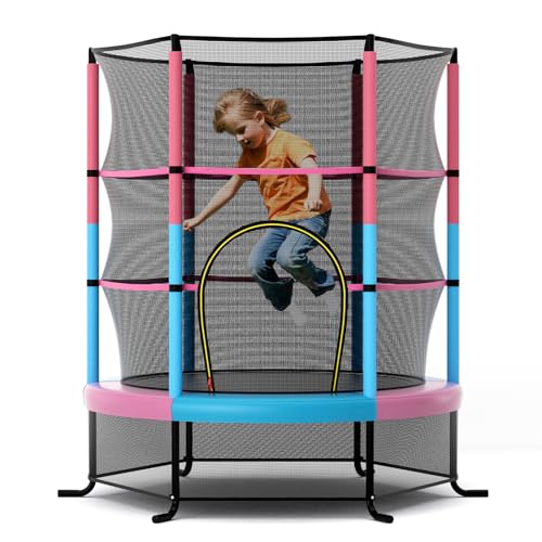 COSTWAY Cama Elastica Infantil Ø 165cm, Trampolines con Red de Seguridad y Almohadilla para Muelles para Niños de 3 6 Años, de Interior/Exterior, Carga estática 135kg (Ø165 x 165 cm,Macaron)