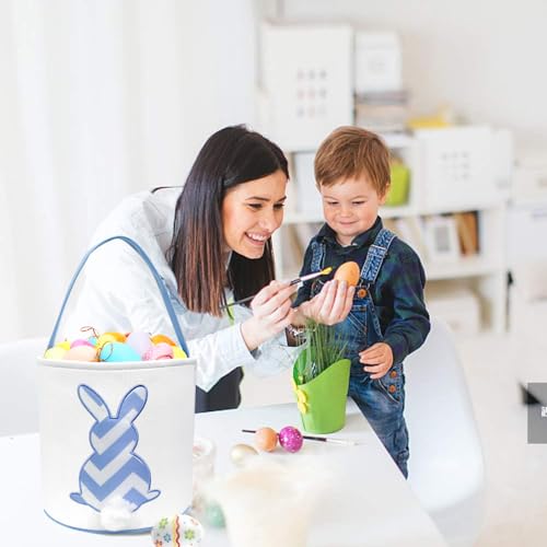 Image of Easter Bunny Baskets, Easter Egg Hunt Bunny Bags Little Baskets with Fluffy Tail Canvas Cotton Rabbit Handbag Bucket Tote Bag for Kids Girls (Wave Pattern,Blue)