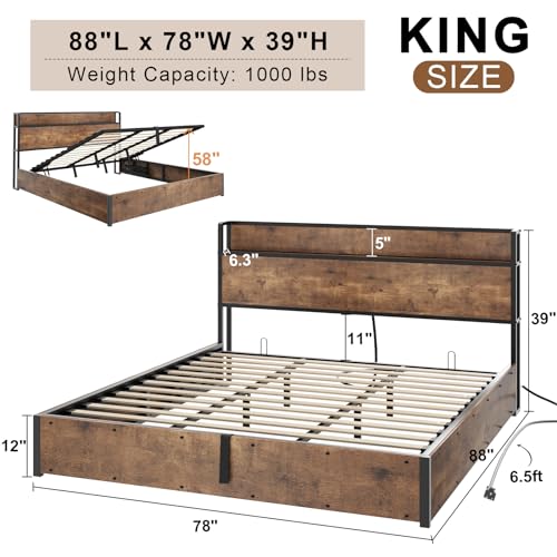 Image of AMERLIFE King Size Lift Up Storage Bed Frame, Wooden Platform Bed Frame with Lifting Storage & Charging Station, No Spring Box Needed /Noise Free, Rustic Brown