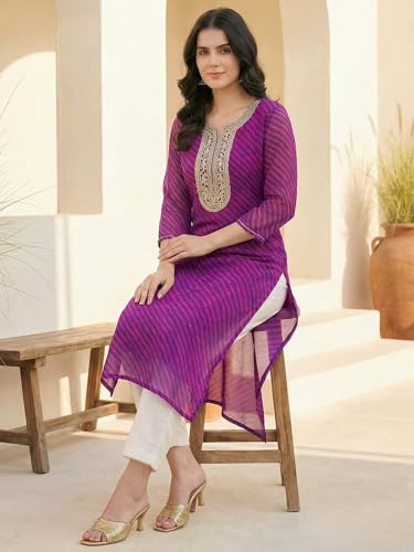 Image of INDO ERA Women's Georgette Leheriya Printed Straight Calf Length Kurtas (IEAI12232)