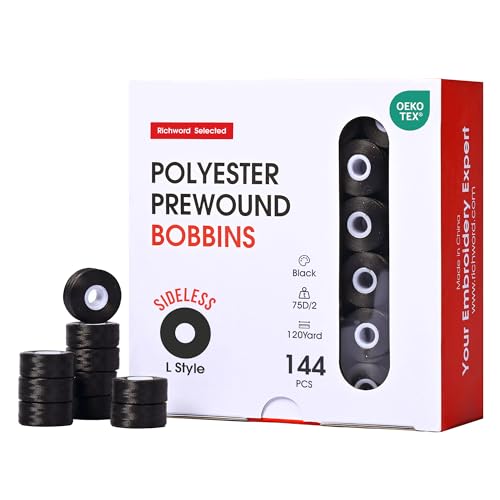 Image of Poolin Prewound Bobbins, Richword Selected Black SideLess 144pcs Size L(SA155), 75D /2(60WT) Polyester Bobbin Thread for Commercial Multi Needles Embroidery Machine, 120 Yards