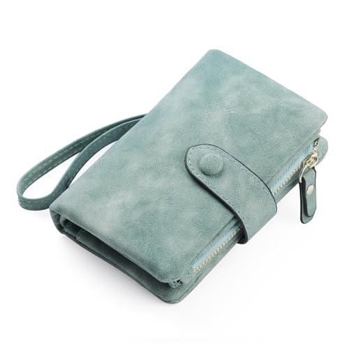 FALAN MULE Monedero para Mujer con protección RFID, Cartera pequeña de Piel sintética con 16 Compartimentos para Tarjetas, Cartera para Mujer con Cremallera Cadena y cordón A01 Verde