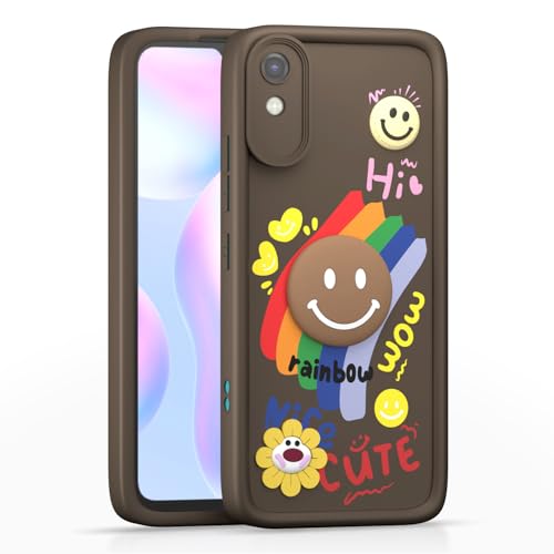 Image of Pikkme Back Cover for Redmi 9A / 9i / 9A Sport | Soft Silicone| Cute Rainbow Smile & 3D Cartoon Flower Design | Shockproof Raised Camera Protection Bumper Case (Brown)