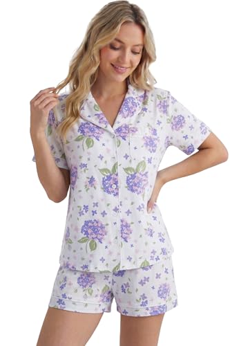 Image of LUBOT 100% Cotton Pajamas for Women 2 Piece PJ Set Button-Down Soft Knit Short Sleeve Summer Sleepwear Loungewear XS-XXL