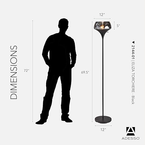 Adesso Floor Lamp, Black & Smoked Glass, 3-Way Dimmable, 69.5” by Adesso - Used condition - Image 2