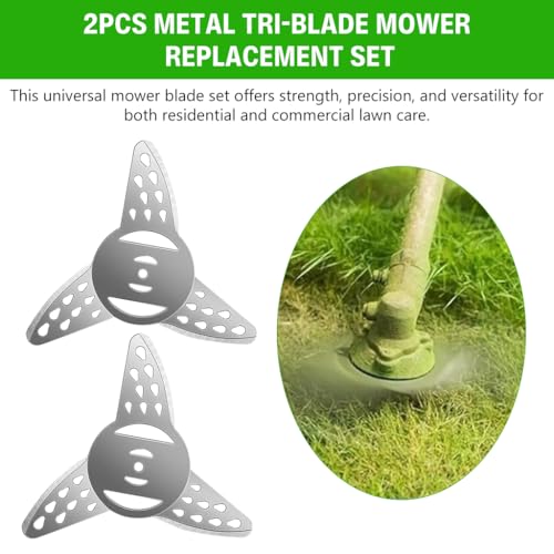 Image of HASTHIP 2Pcs Metal Lawn Mower, Mower Blade Replacement, Heavy Duty Metal Tri-Blade 3-Wing Porous Blades, Universal Rotary Mower Replacement Blades