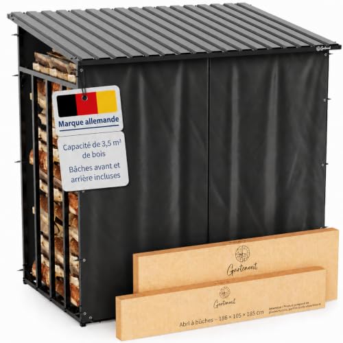 Gartenzeit® Range-bûches extérieur XXXL 186x105x185 cm – 3,45 m³, 5,25 m³ de bois en vrac, cadre métallique 30 × 30 mm, toit métallique, galvanisé à chaud (186x105x185cm, Avec bâches)
