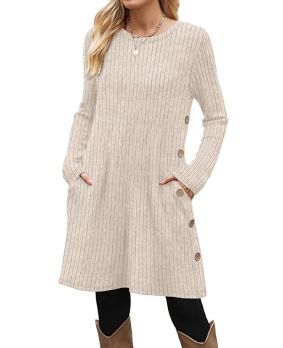 OFEEFAN Fall and Winter Tunic Dress with Pockets Long Sleeve Crew Neck Buttons Side2