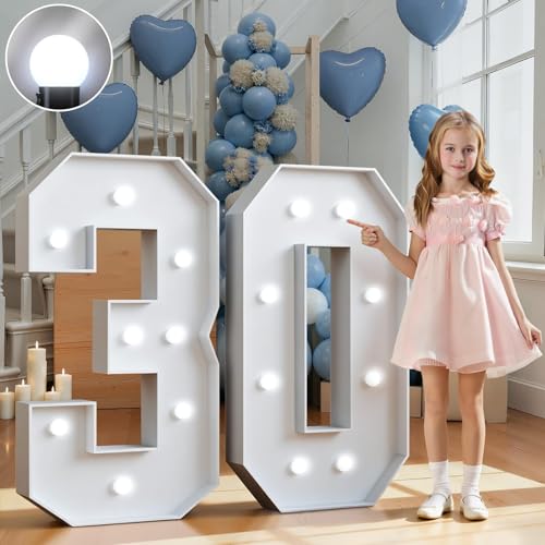 Marquee Numbers 3 Feet Tall Big Light Up Numbers 30th Birthday Decorations Women Men White Anniversary Party Decor Large Cardboard Prop Backdrop Sign 30
