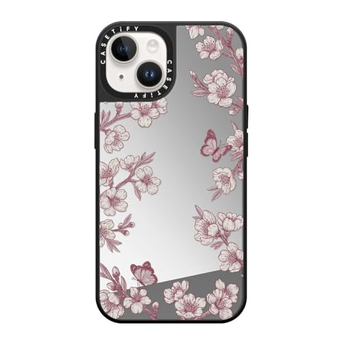 CASETiFY Magsafe �Ή��~���[ iPhone 14 �P�[�X [���ː� / 1.5m����̗����������N���A / Magsafe �ɑΉ�] - Pink Sakura Garden - �V���o�[ (�u���b�N�o���p�[)