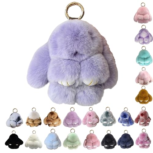 Zuanyie Fluffy Bunny Keychain Soft Ball Charms Cute Plush Rabbit Keychain Artificial Fur Doll Pendant for Car Handbag Keyring (C-Purple)