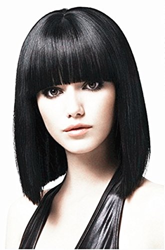 B-G Charming Hair Wig 15'' Bob Wigs Short Straight with Flat Bangs Wigs for Women Natural As Real Hair (Black) WIG061