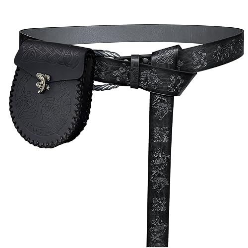 HiiFeuer Viking Fenrir Embossed Buckle Belt with Nordic Embossed Belt Bag, Vintage Faux Leather Belt and Pouch Set for LARP (Black)