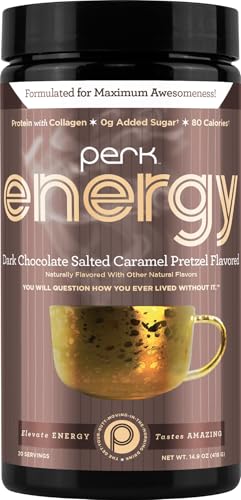 Image of Perk Energy Drink Mix (Dark Chocolate Salted Caramel Pretzel) 20 Servings | Caffeinated Healthy Coffee Alternative with Protein, 100mg of Caffeine, Gluten-Free, Soy-Free, Peanut-Free