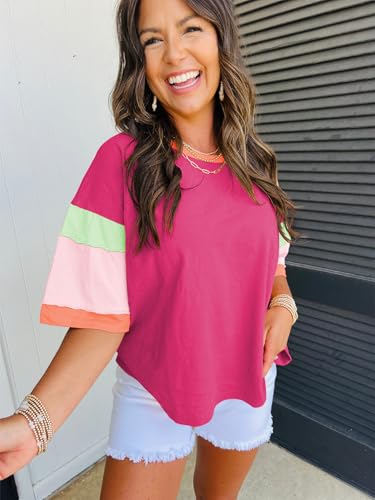 miduo Womens Casual Loose Fit Color Block Stitching Short Sleeve Crew Neck Top T Shirts2