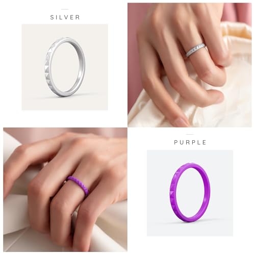 ThunderFit Silicone Wedding Bands for Women, Rubber Wedding Rings with Diamond Pattern 2.6mm Wide 2.1mm Thick - 1/4/8 Variety Multipack4