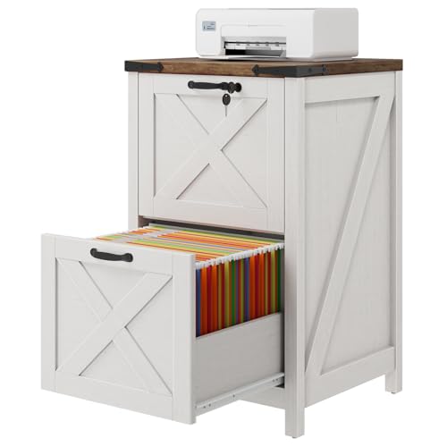 Vabches Vertical File Cabinet with 2 Drawers, Wooden Farmhouse Filing Cabinet for Letter/A4 Size Hanging Files, Under Desk Printer Stand with Storage for Home Office, White and Lock