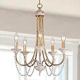 Wood Beaded Chandeliers Distressed White Brass Antique Gold Dining Room Light Fixtures, 5-Light Fren