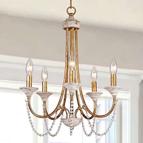 Wood Beaded Chandeliers Distressed White Brass Antique Gold Dining Room Light Fixtures, 5-Light French Country Modern Farmhouse Pendant Light Ceiling Hanging Lighting Kitchen Living Room Bedroom Foyer #TOP10