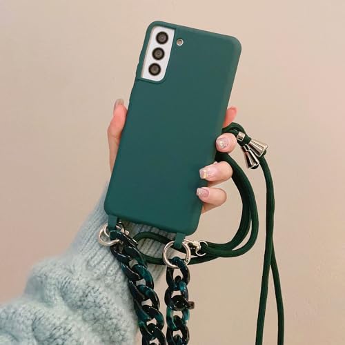 Coque silicone Samsung S21 Ultra avec cordon bandoulière et bracelet acrylique vert foncé
