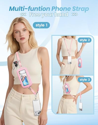 SHANSHUI Clip and Go Phone Lanyard Wallet, Hands Free Crossbody Strap with Zipper Pocket & ID Window, Includes 2 Metal Tether Pads for Phones, Keys, Earphones, Accessories Pink — view 2