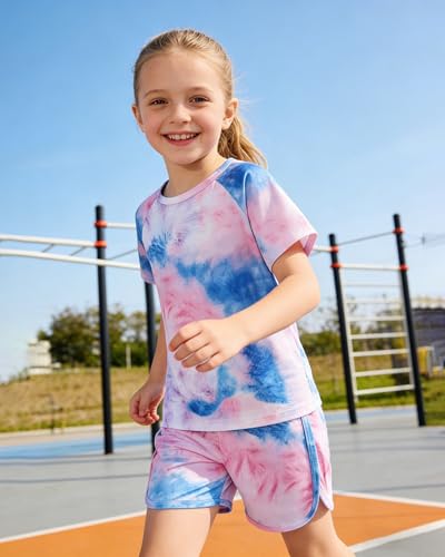 Image of DISAUR Girls Summer Outfits 2 Piece Matching Sets Tie Dye T Shirt and Shorts Set with Pockets for Girls 4-10 Years