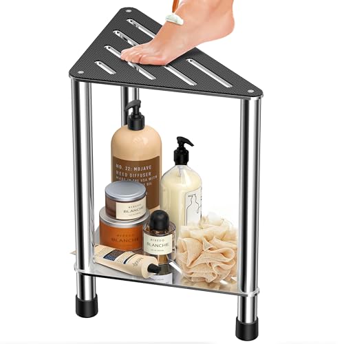 LarFaFa Upgrade Stainless Steel Shower Stool for Inside Shower 15.4 H Shower Foot Rest Corner Shower Stool with Storage Shelf Shower Step for Shaving Legs Bathroom Corner Shower Bench Silver