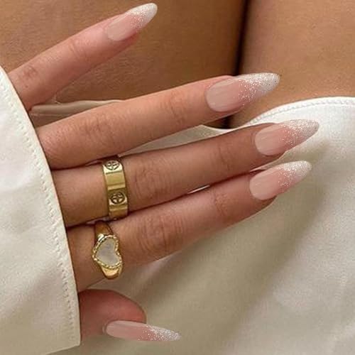 IQXGE Acrylic French Tip Press on Nails Almond Medium Acrylic Nails Press Ons Full Cover Glue on Fake Nail with Silver Glitter Designs Nude Ombre French Artificial False Nail Tips for Women