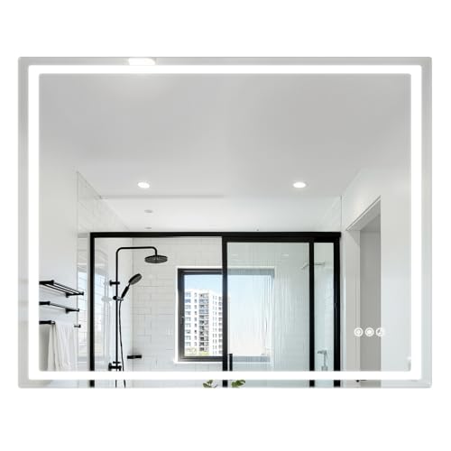 SONGBIRDTH 40x32 Inch LED Bathroom Mirror, Wall Mounted Vanity Mirror with Light, Bluetooth-Compatible Speaker, Anti-Fog, Modern Style, Silver Aluminum Frame