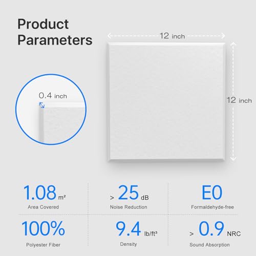 Image of Square Acoustic Wall Panels, Sound Absorbing Panels for Walls, Ceiling, Doors, 12 Pack 12 inchx12 inchx0.4 inch Self Adhesive Decorative White Acoustic Tiles for Recording Studio, Office, Room, Home